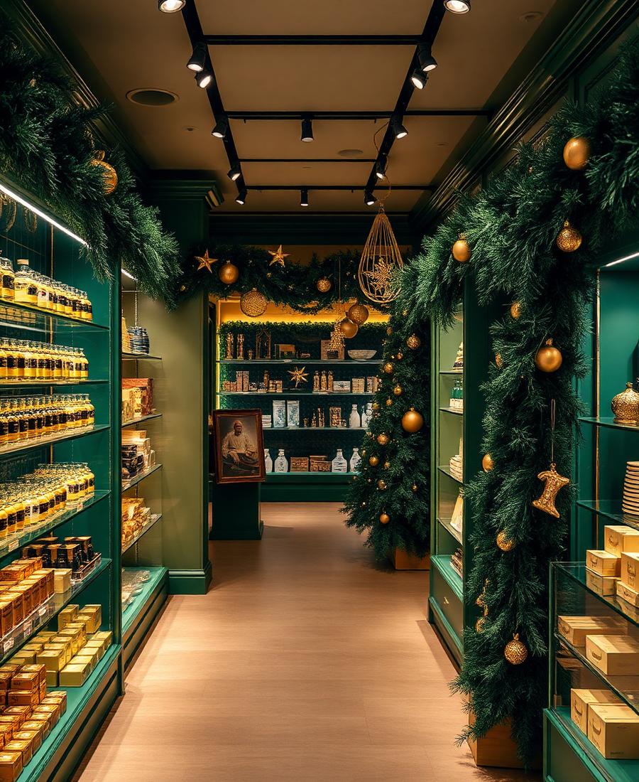 Loja decorada para o Natal com festões, bolas douradas e prateleiras abastecidas